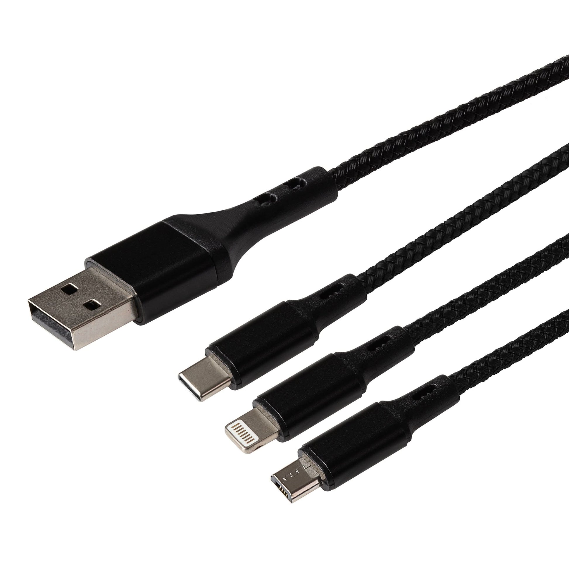 Maplin USB-A & USB-C to 3-in-1 Multi-Charging USB-C / Lightning / Micro USB 12W Braided Cable - Black, 1.2m