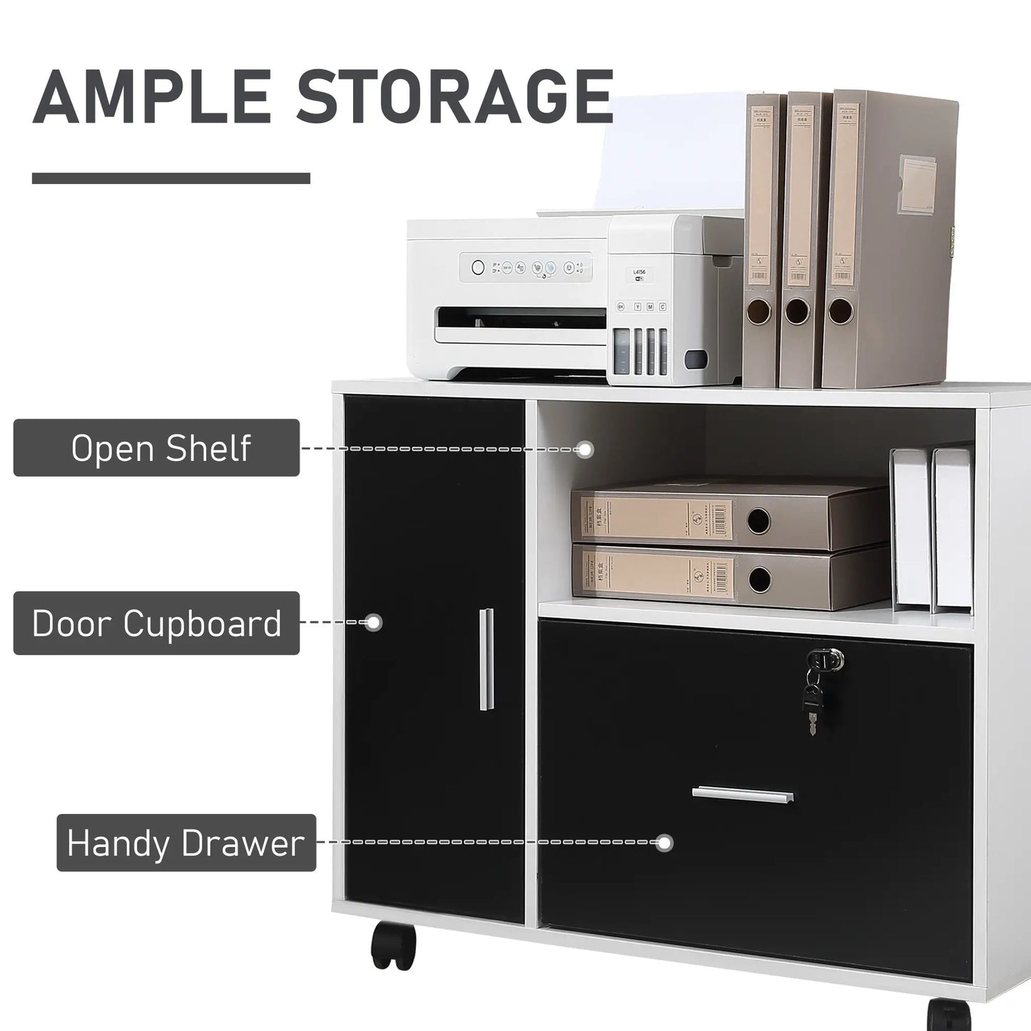 ProperAV Extra Mobile Office File Cabinet with Lockable Drawer & Shelf - Black & White