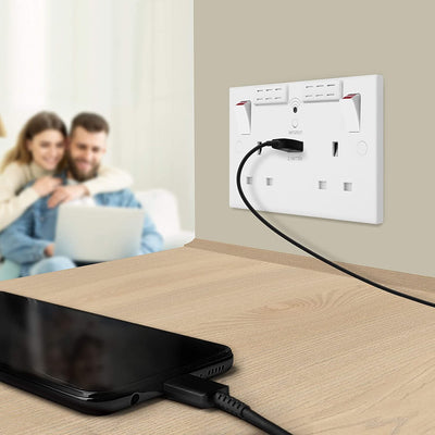 British General Square Edge 13A 2 Gang Switched Socket with Wi-Fi Extender + 1x USB-A 2.1A - White