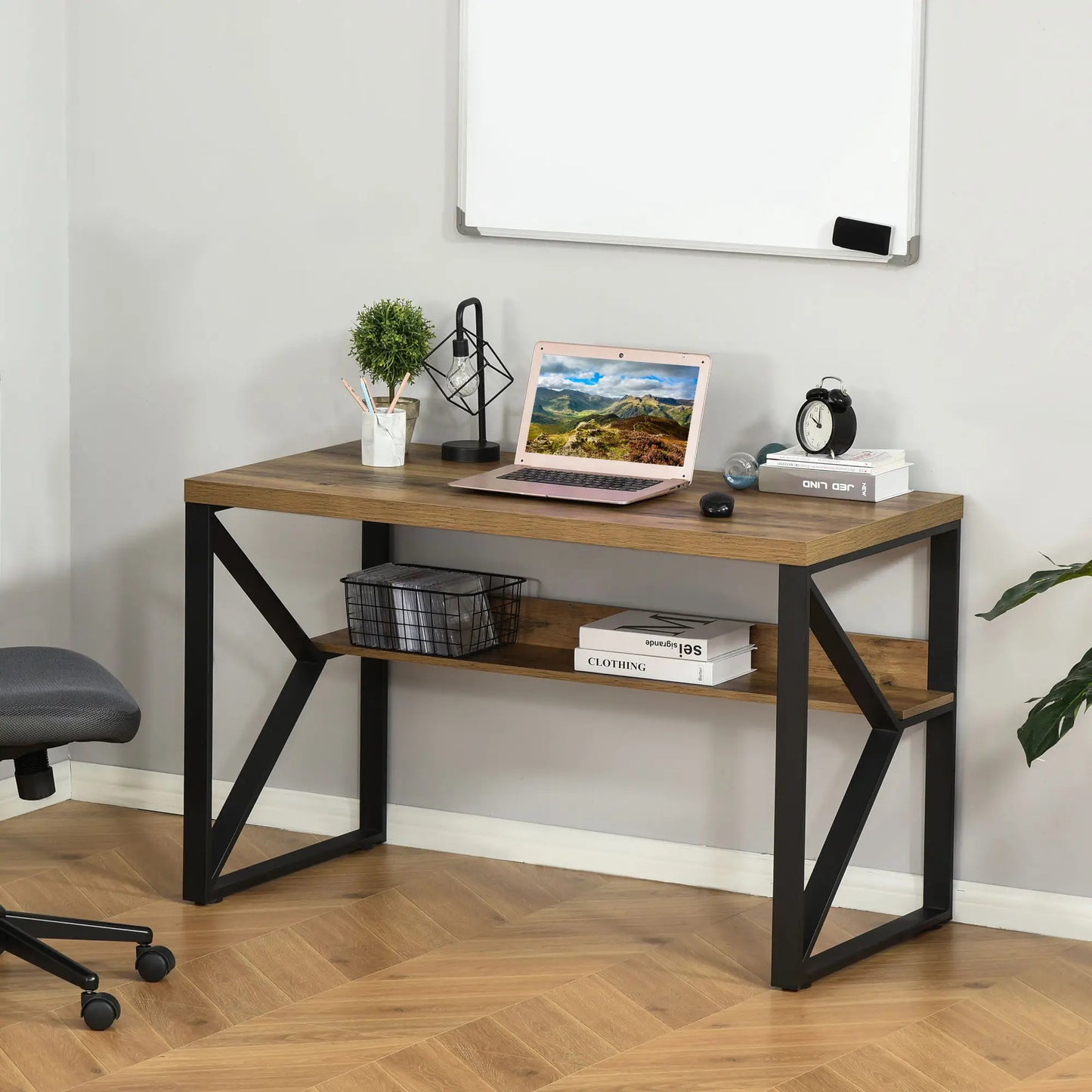 ProperAV K-Shaped Steel Legs Computer Desk with Storage Shelf - Black & Brown