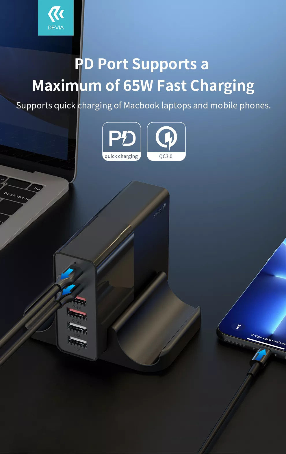 Devia Multi-Port 75W USB-C & USB Desktop Stand Charger for Mobile Phones, Tablets & Laptops - Black