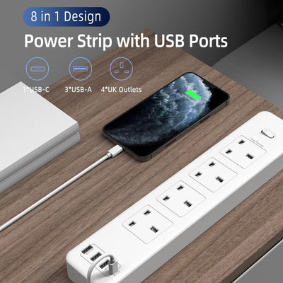 Maplin 2m 4-Socket UK Power Switch Extension Lead with 3x USB-A / 1x USB-C Ports