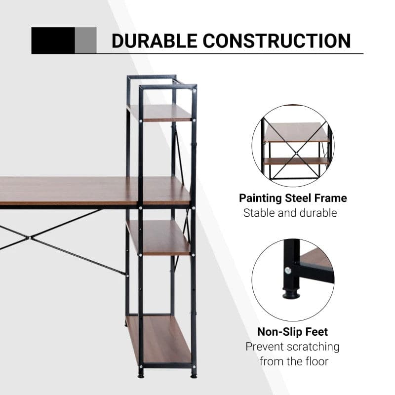 ProperAV Extra Metal Frame Home Wooden Top Office Desk with 4-Tier Bookshelf