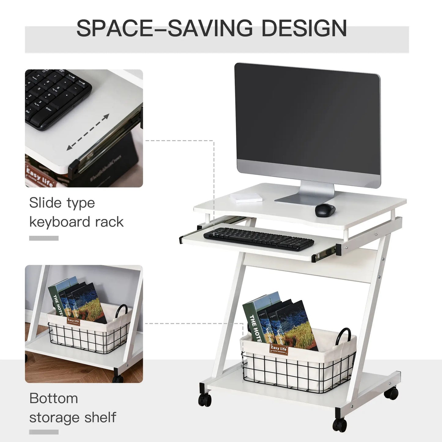 ProperAV Extra Computer Desk with Wheels & Sliding Keyboard Tray