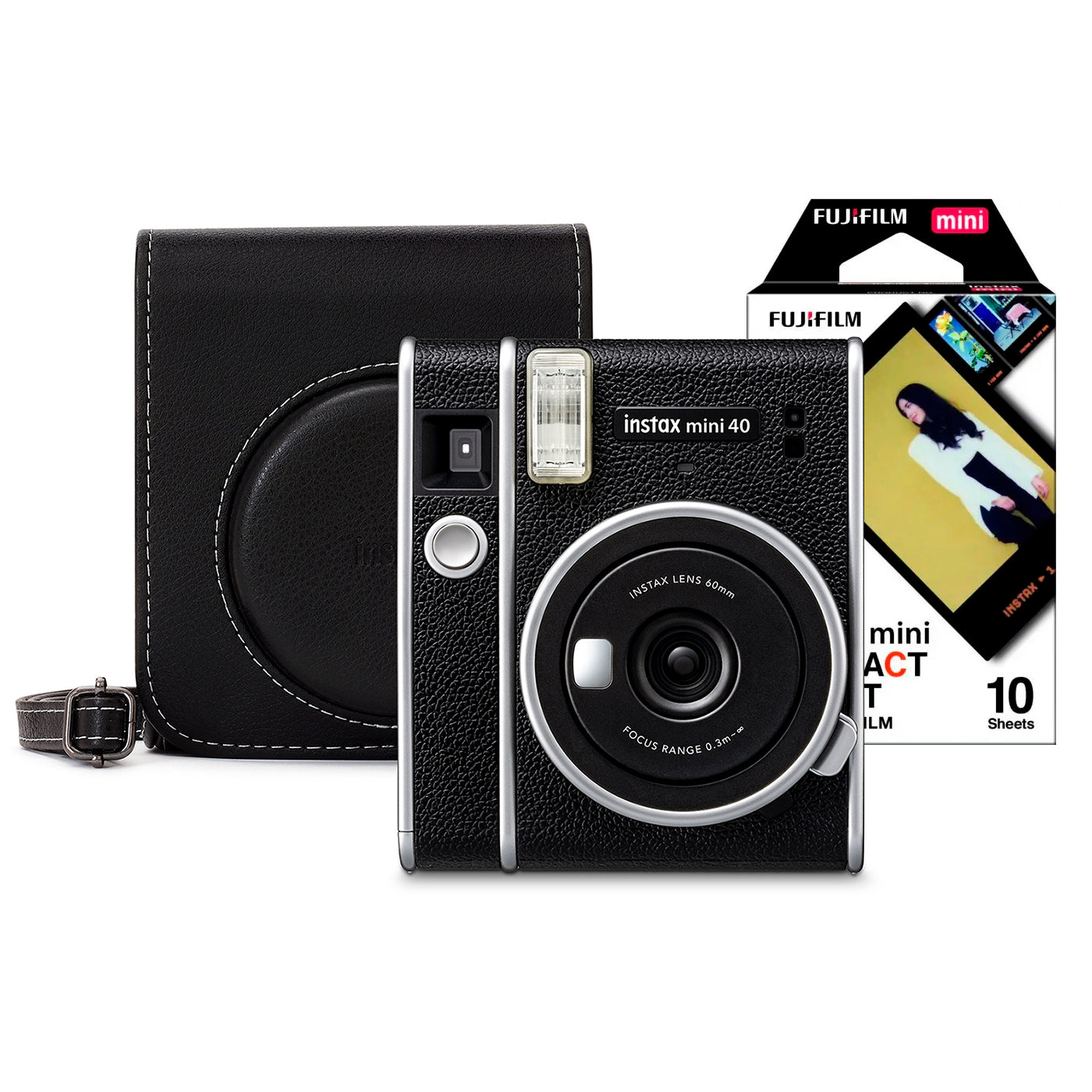 Fujifilm Instax Mini 40 Instant Camera - Black Camera + 10 Shot Deco Pack + Case