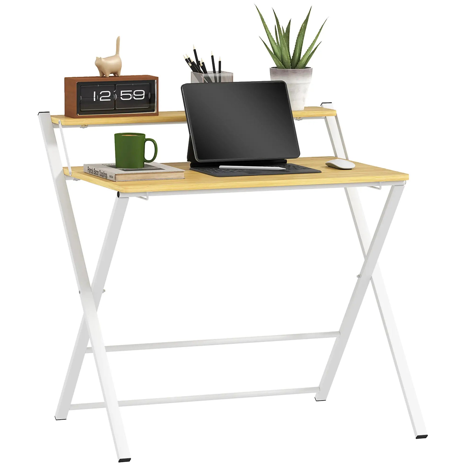 ProperAV Extra Maple Wood-Effect Folding Desk with 2-Tier Shelf - White & Brown