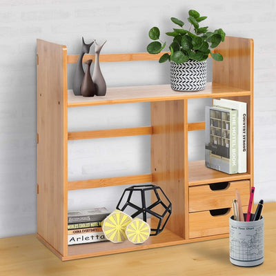 ProperAV Extra Desktop Stationery Desk Organiser with 2 Drawers - Bamboo