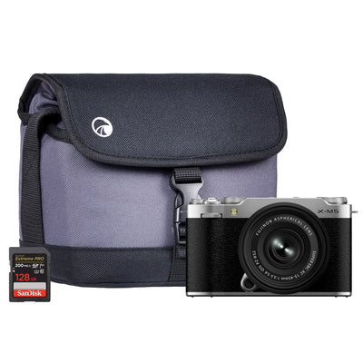 Fujifilm X-M5 Mirrorless Digital Camera - Silver Camera + XC 15-45mm Lens + Sandisk 128GB SD Card + System Bag