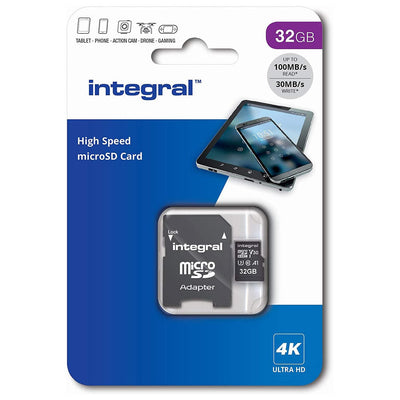 Integral 32GB High Speed V30 UHS-I U3 Class 10 MicroSDHC Memory Card with Adapter