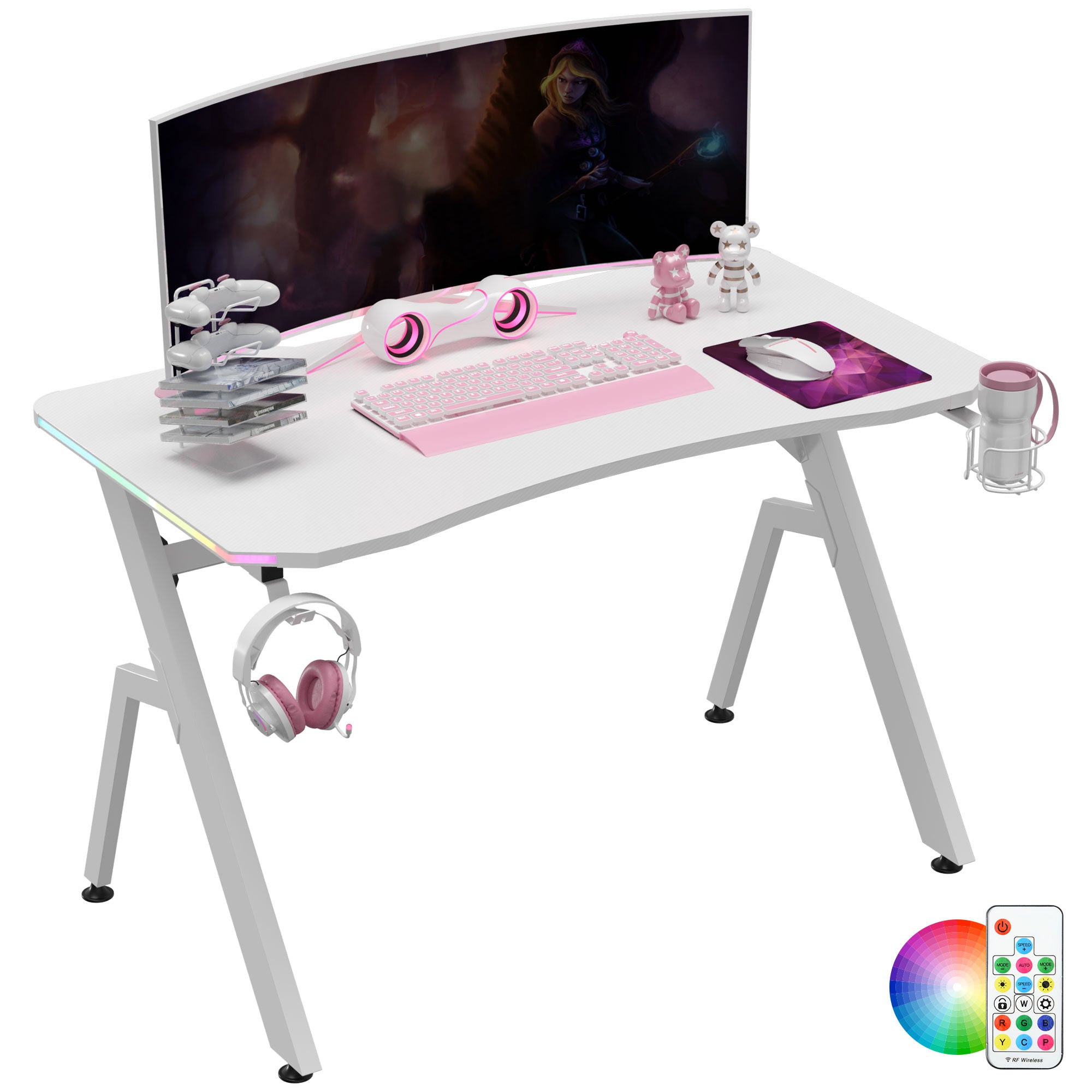 Maplin Plus Racing Style Gaming Desk with RGB LED Lights, Carbon Fibre Surface, Headphone Hook, Cup Holder & Controller Rack White