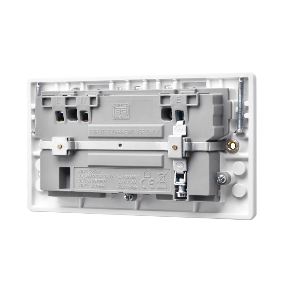 British General Round Edge 13A 2 Gang Switched Socket with Wi-Fi Extender + 1x USB-A 2.1A - White