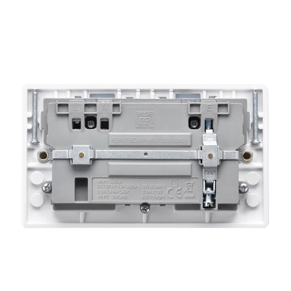 British General Round Edge 13A 2 Gang Switched Socket with Wi-Fi Extender + 1x USB-A 2.1A - White