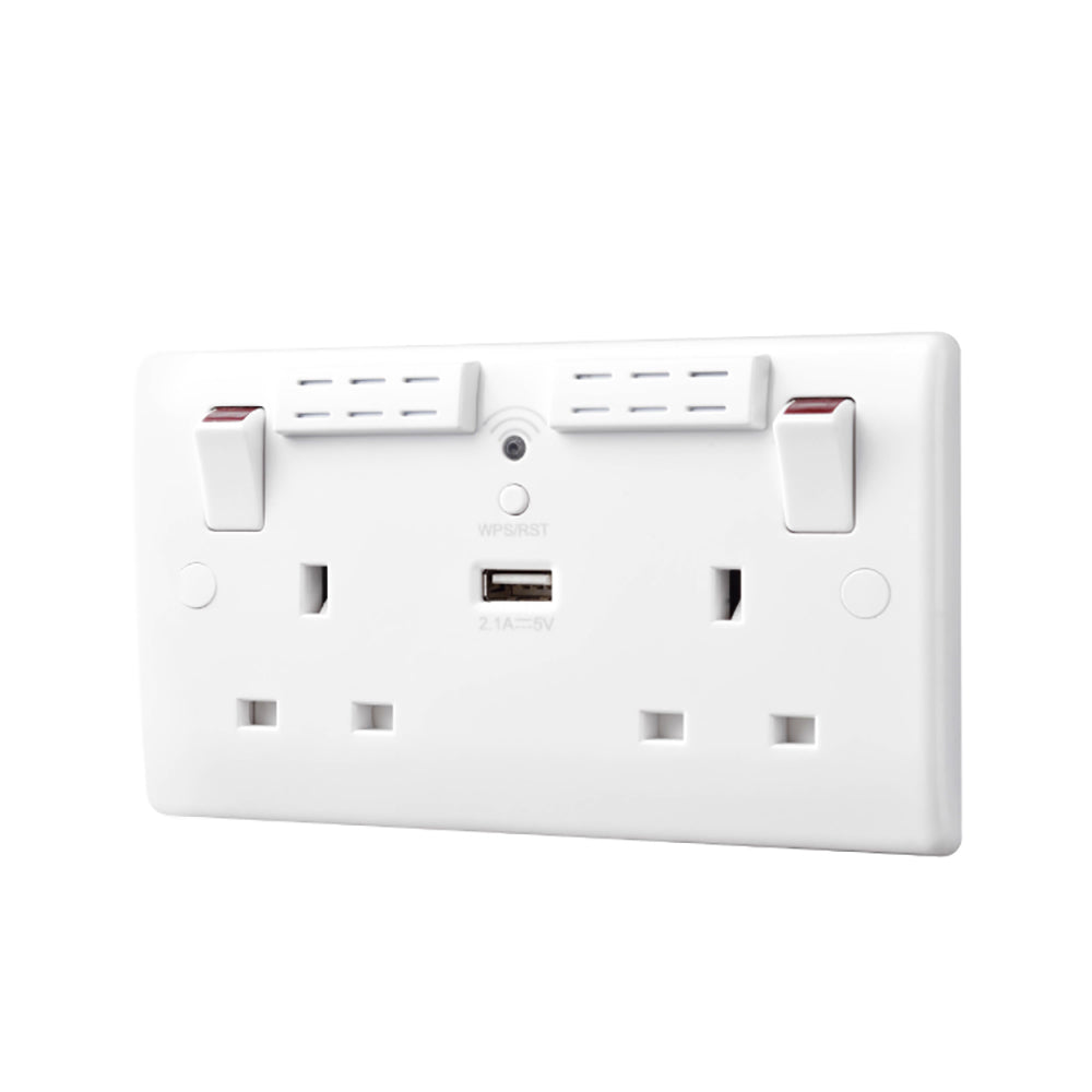 British General Round Edge 13A 2 Gang Switched Socket with Wi-Fi Extender + 1x USB-A 2.1A - White