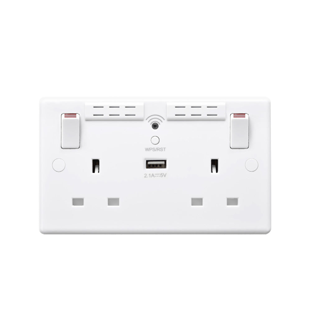 British General Round Edge 13A 2 Gang Switched Socket with Wi-Fi Extender + 1x USB-A 2.1A - White