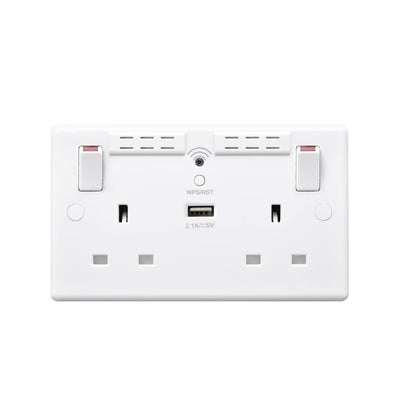 British General Round Edge 13A 2 Gang Switched Socket with Wi-Fi Extender + 1x USB-A 2.1A - White