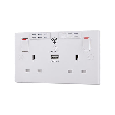 British General Square Edge 13A 2 Gang Switched Socket with Wi-Fi Extender + 1x USB-A 2.1A - White