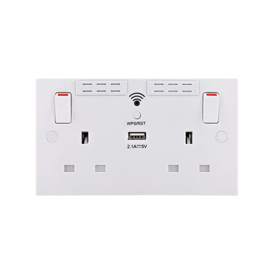 British General Square Edge 13A 2 Gang Switched Socket with Wi-Fi Extender + 1x USB-A 2.1A - White