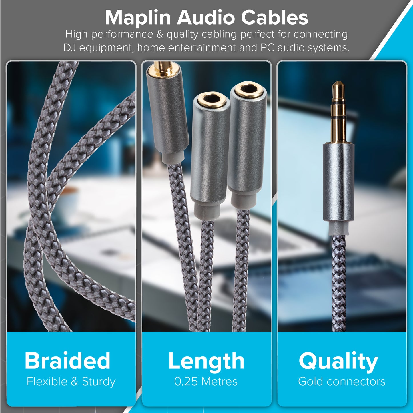 Maplin 3.5mm Aux Stereo 3-Pole Jack Plug to Twin 3.5mm Female Jack Plug Cable - Silver, 0.25m