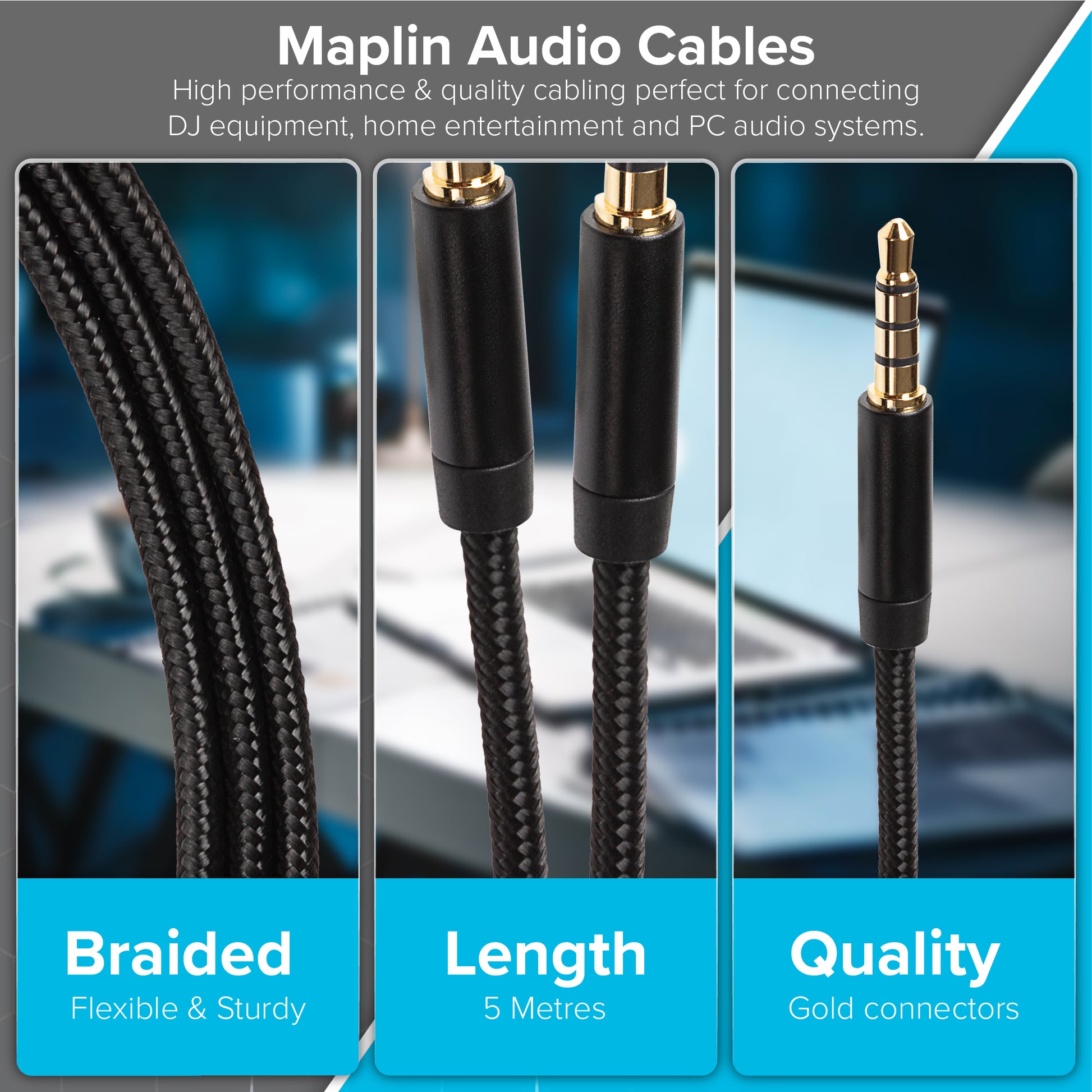 Maplin 3.5mm Aux Stereo 4-Pole Jack Plug to 3.5mm 4-Pole Jack Plug Cable - Black, 5m