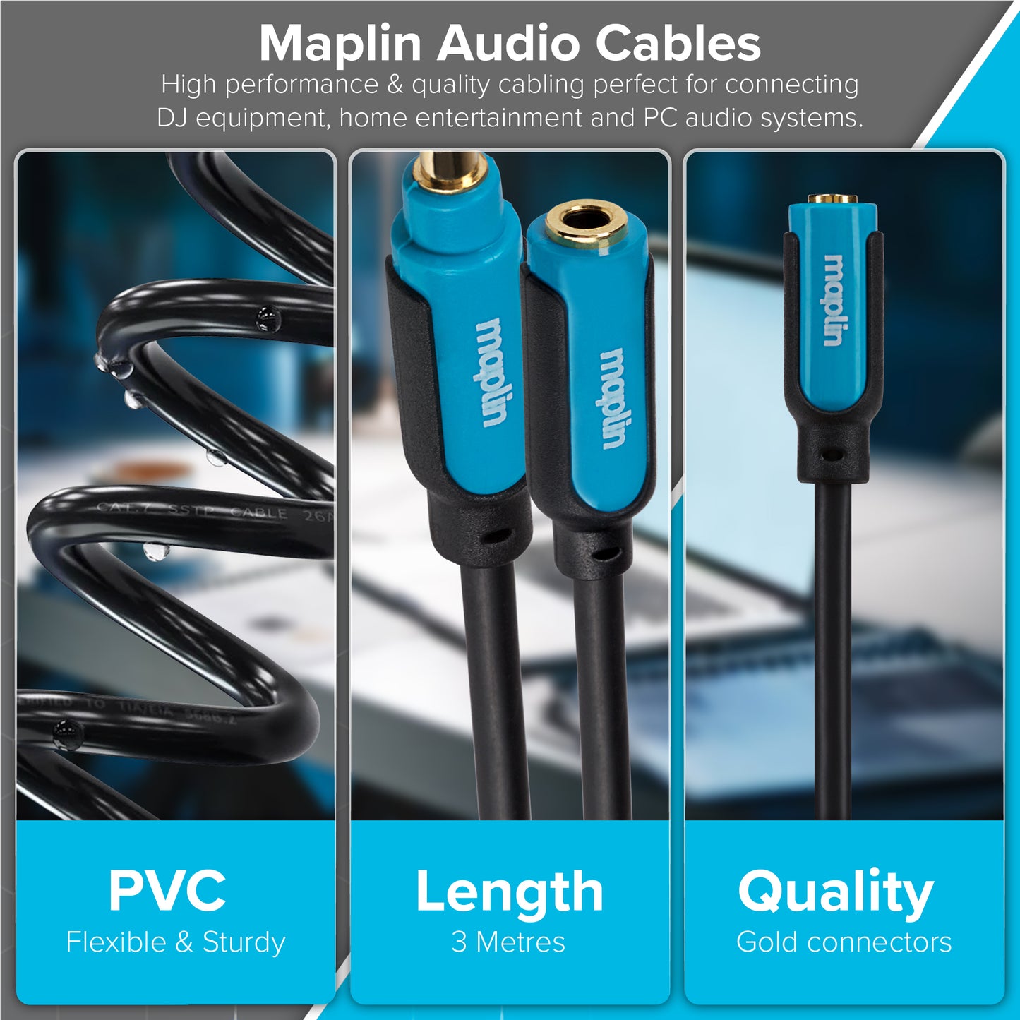 Maplin 3.5mm Aux Stereo 4-Pole Jack Plug to 3.5mm Female Jack Extension Cable - Black, 3m