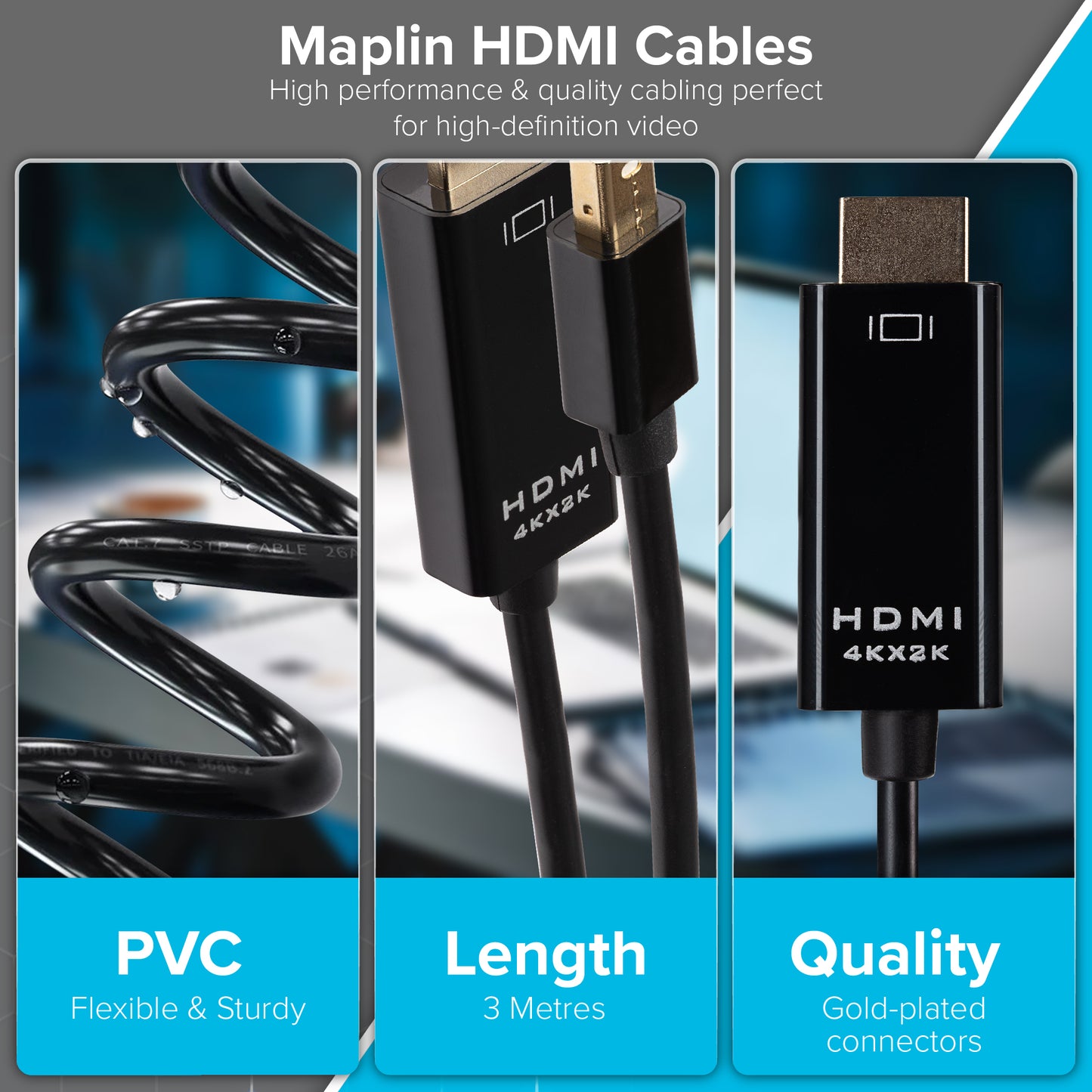 Maplin Premium 4K Ultra HD Mini DisplayPort to HDMI Cable - Black, 3m - maplin.co.uk