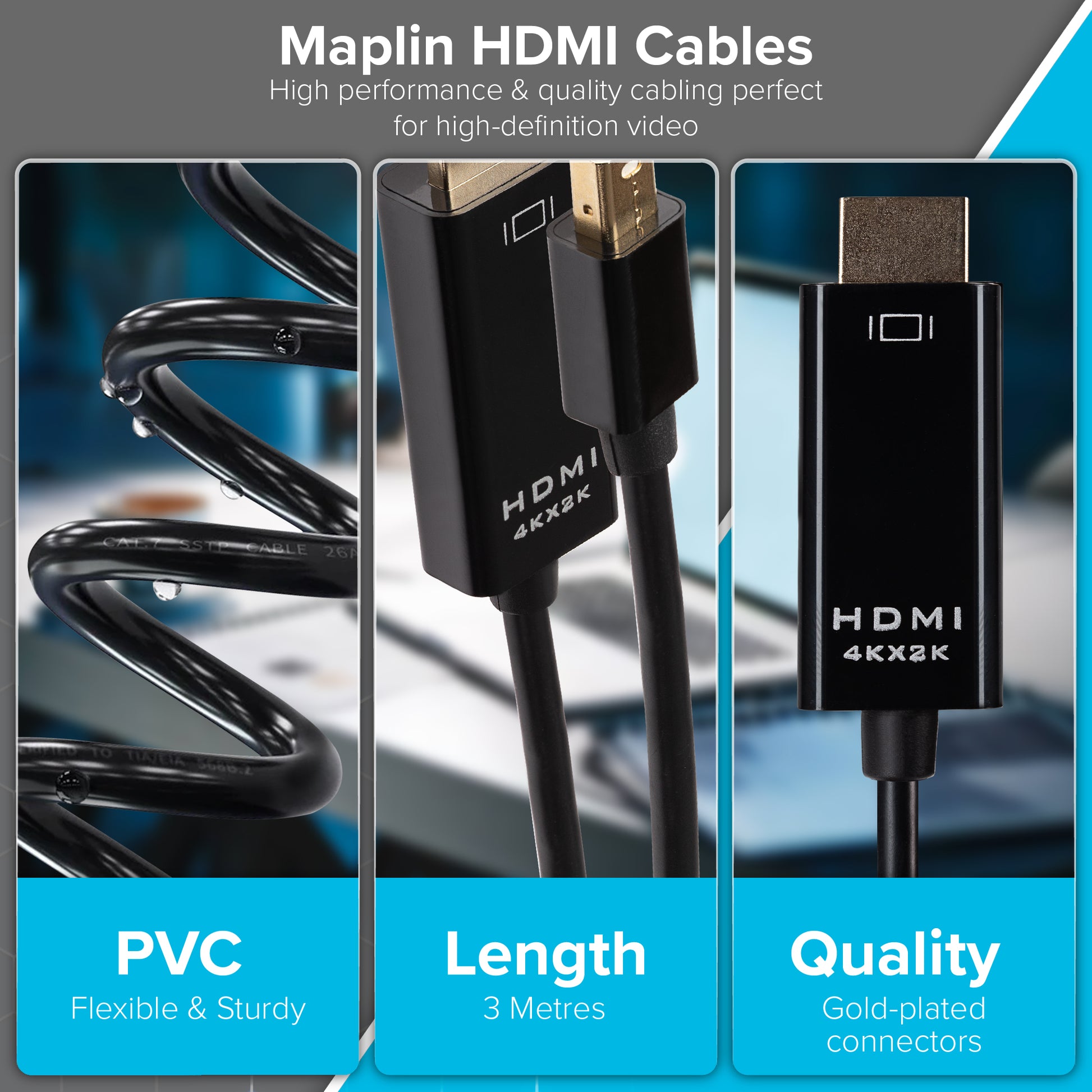 Maplin Premium 4K Ultra HD Mini DisplayPort to HDMI Cable - Black, 3m