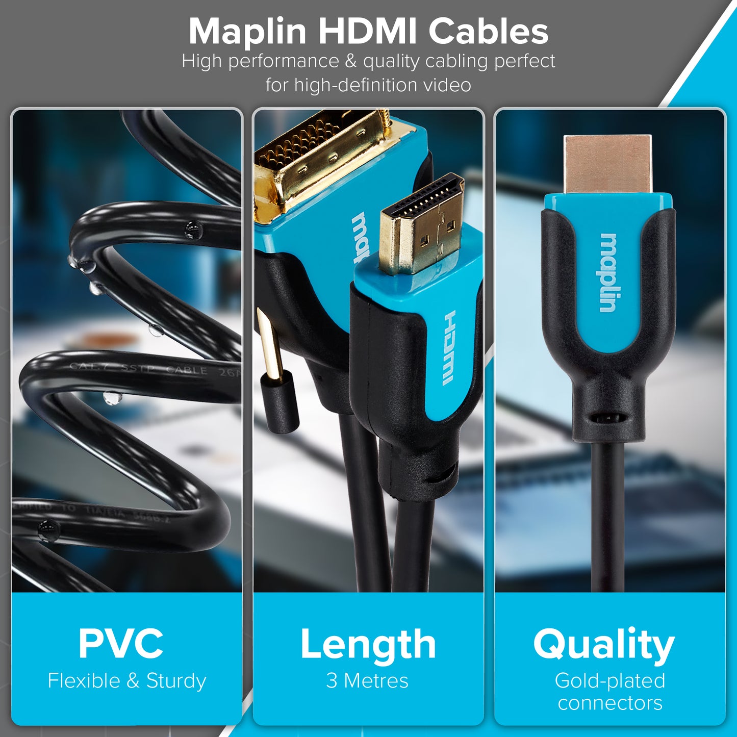 Maplin Premium HDMI to DVI-D Cable - Black, 3m