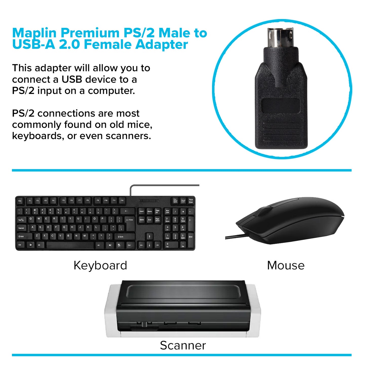 Maplin Premium PS/2 Male to USB-A 2.0 Female Adapter - Black