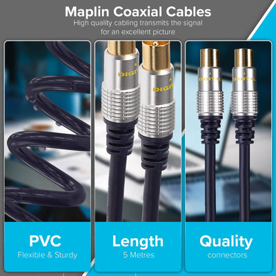 Maplin TV Aerial Cable Coaxial RF Male to RF Male - Black, 5m