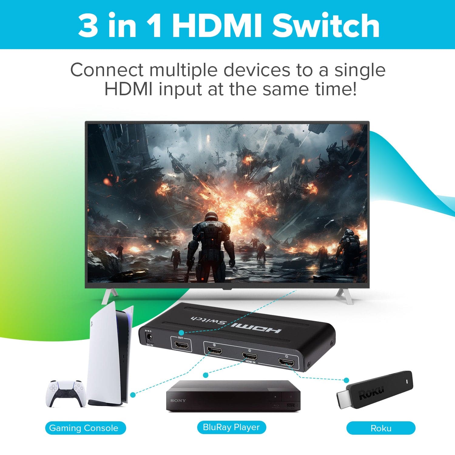 Maplin HDMI Switch 3 Ports In 1 Port Out 4K Ultra HD @30Hz with Remote Control - Black