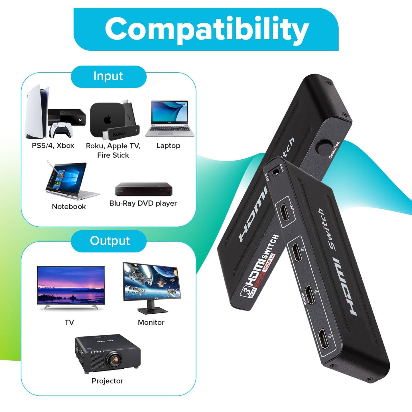 Maplin HDMI Switch 3 Ports In 1 Port Out 4K Ultra HD @30Hz with Remote Control - Black