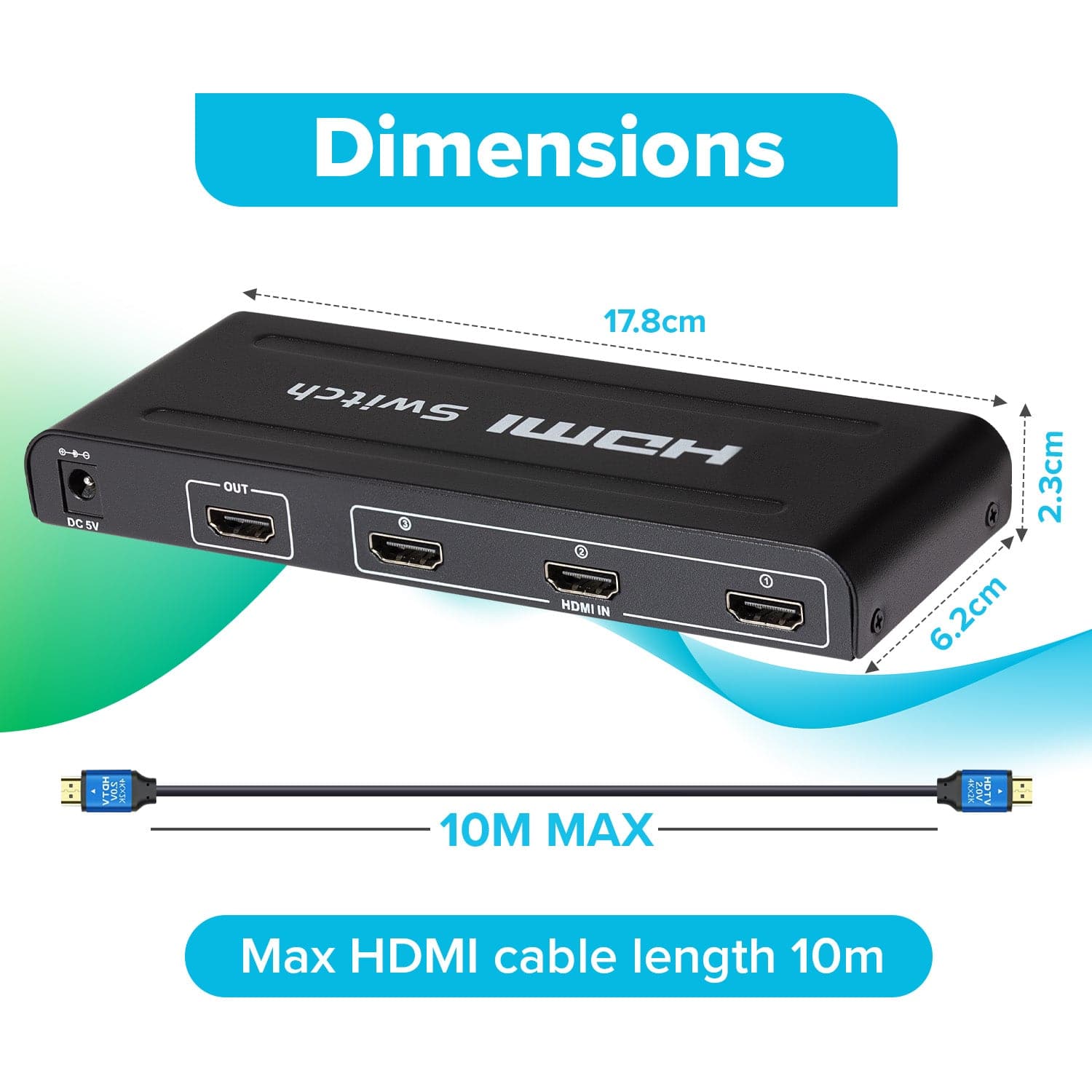 Maplin HDMI Switch 3 Ports In 1 Port Out 4K Ultra HD 30Hz with Remote Control Black