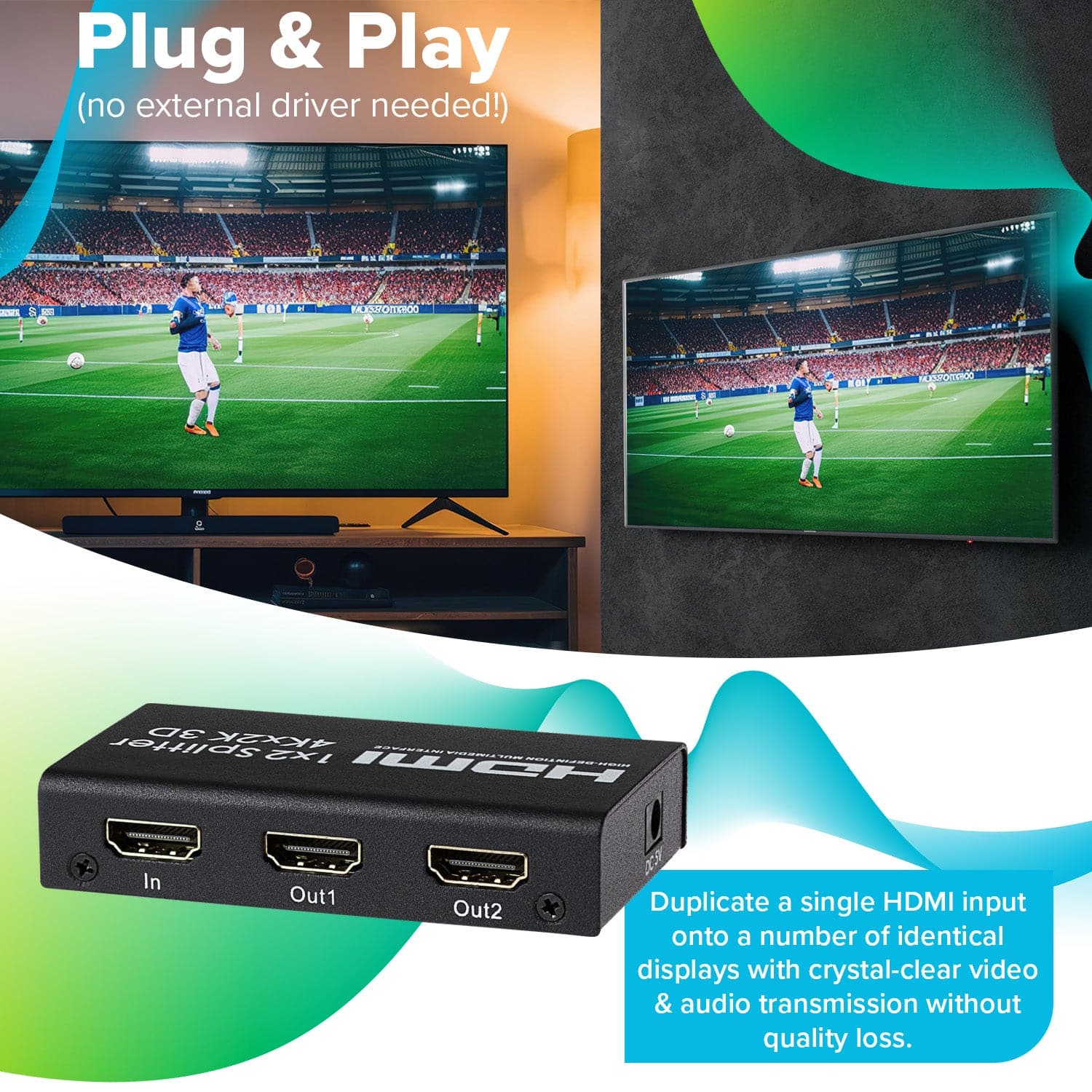 Maplin HDMI Splitter 1 Port In 2 Ports Out 4K Ultra HD @30Hz 10.2Gbps