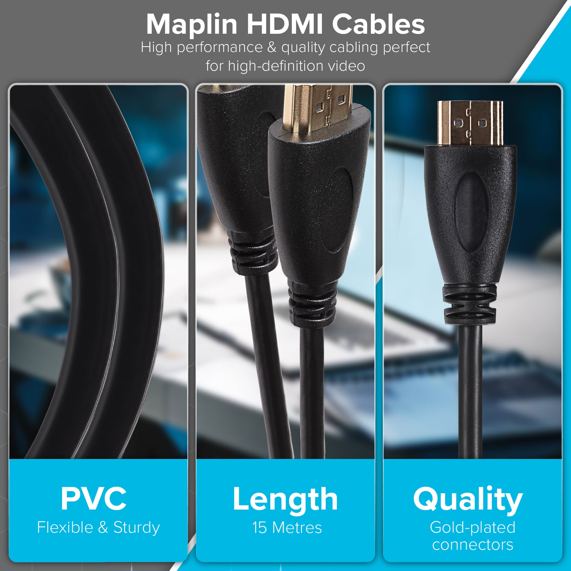 Maplin HDMI to HDMI 4K Ultra HD Cable with Gold Connectors - Black, 15m