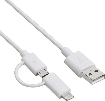 Maplin USB-A to 2-in-1 Multi-Charging Lightning & Micro USB Cable - White, 1m