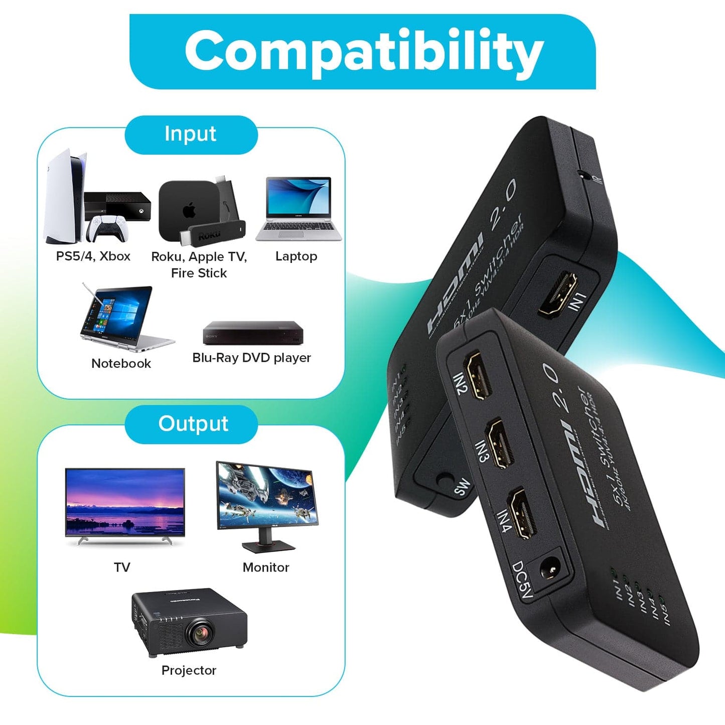 Maplin HDMI Switch 5 Ports In 1 Port Out 4K Ultra HD @60Hz with Remote Control - Black