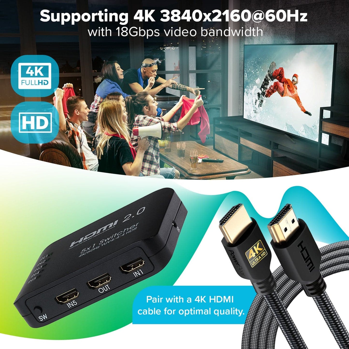 Maplin HDMI Switch 5 Ports In 1 Port Out 4K Ultra HD @60Hz with Remote Control - Black