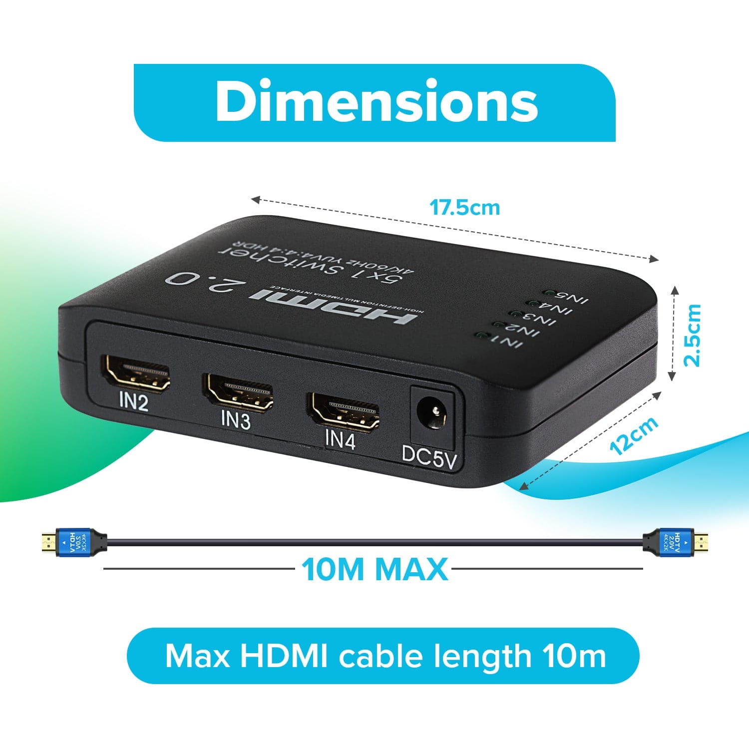 Maplin HDMI Switch 5 Ports In 1 Port Out 4K Ultra HD @60Hz with Remote Control - Black