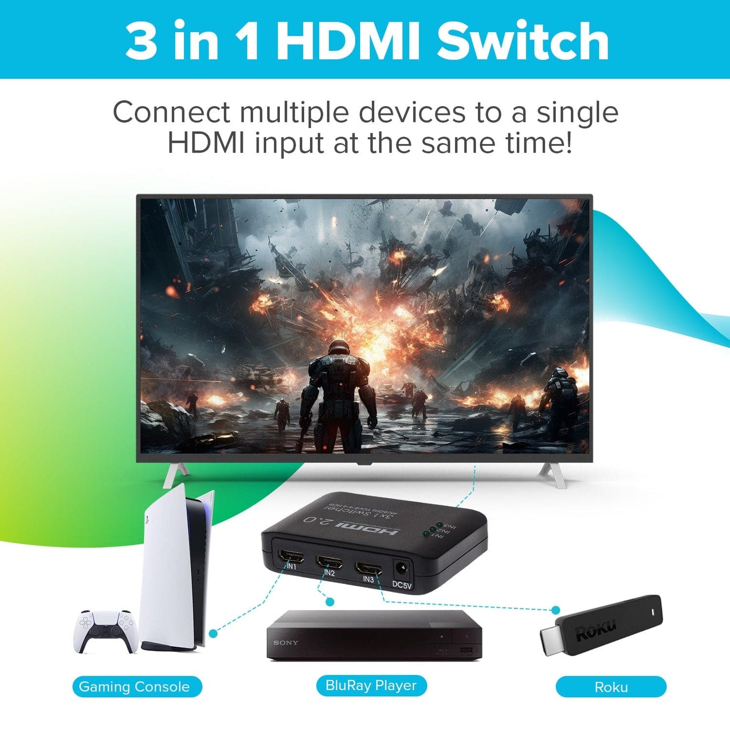 Maplin HDMI Switch 3 Ports In 1 Port Out 4K Ultra HD @60Hz with Remote Control - Black