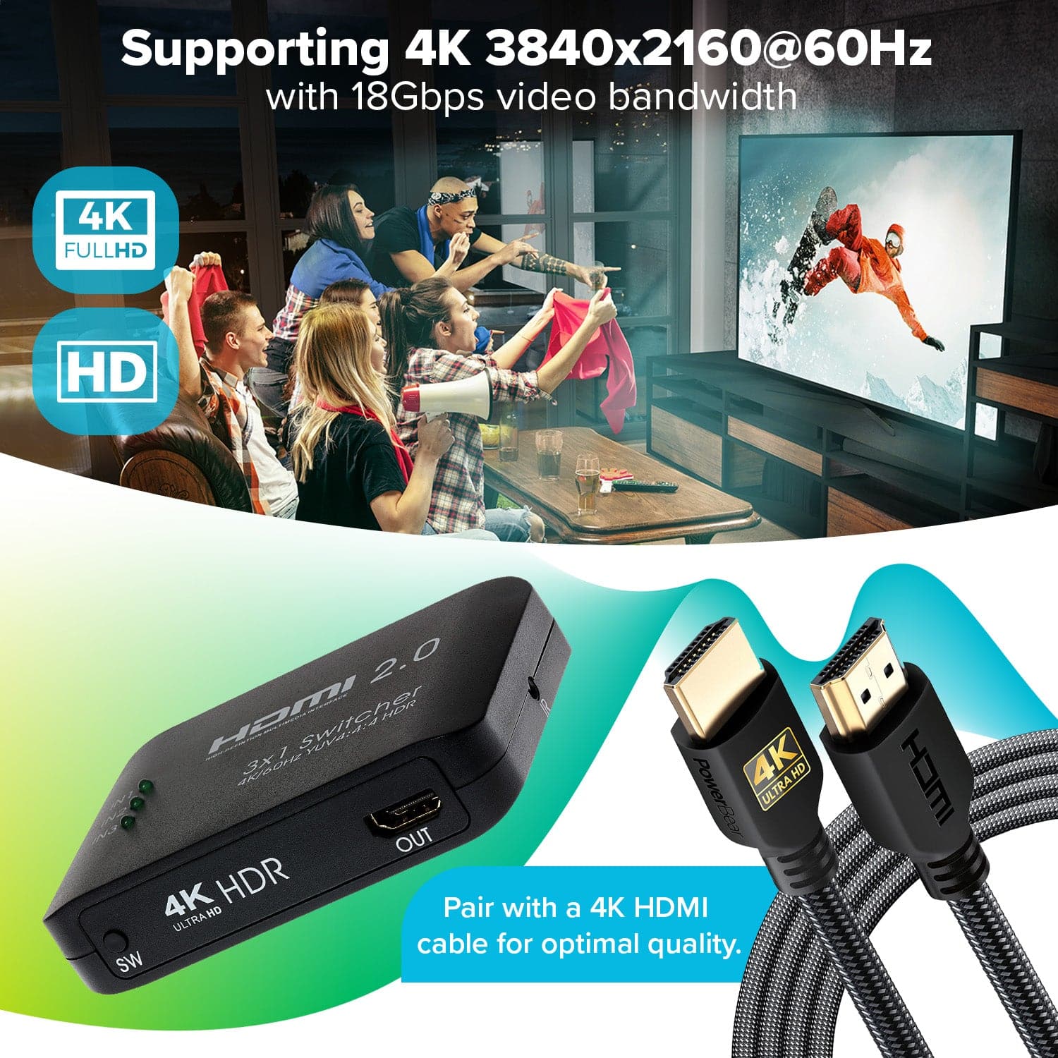 Maplin HDMI Switch 3 Ports In 1 Port Out 4K Ultra HD @60Hz with Remote Control - Black