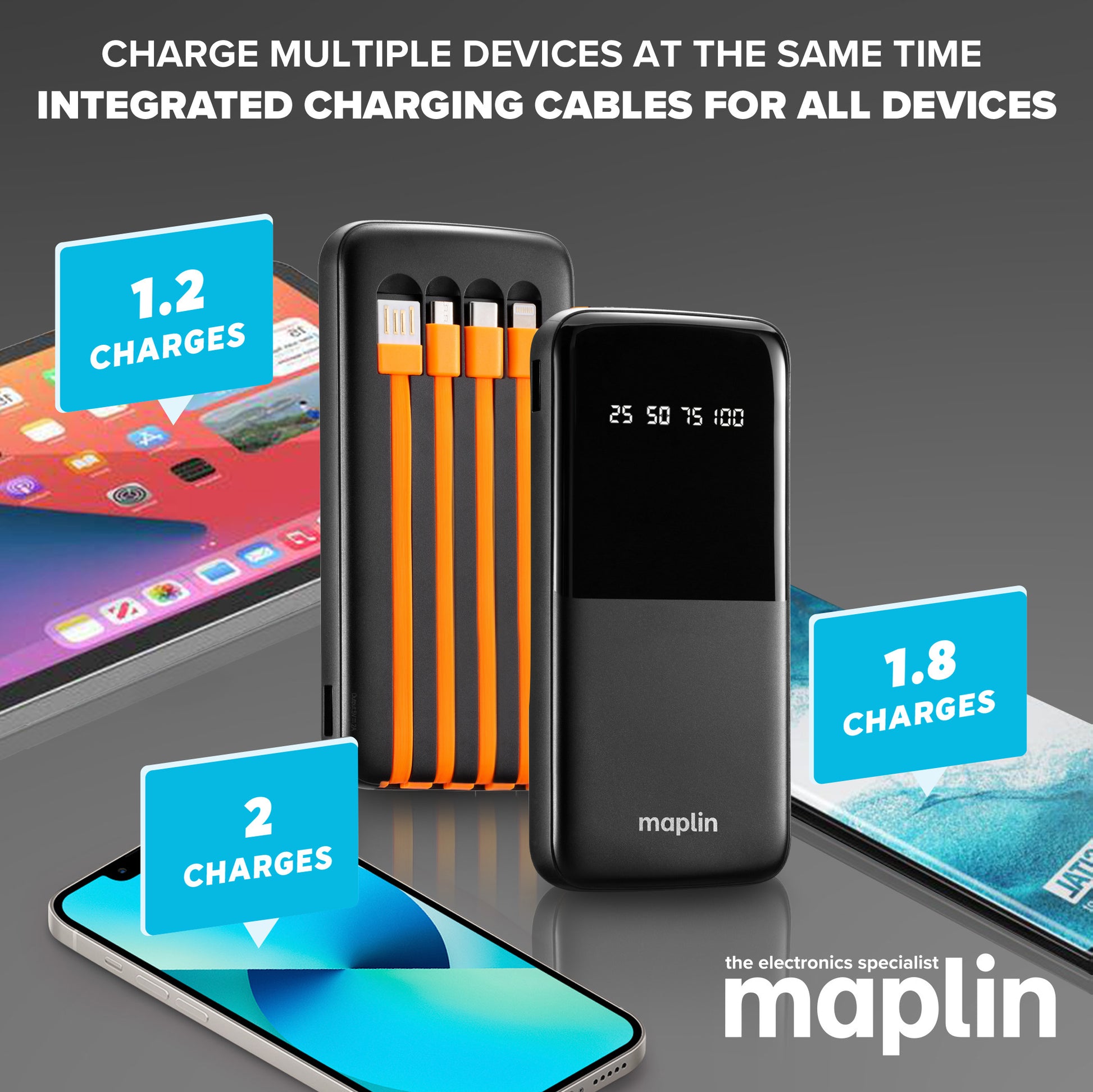 Maplin 10000mAh Slim Power Bank with Integrated Lightning, USB-C & Micro USB Cables