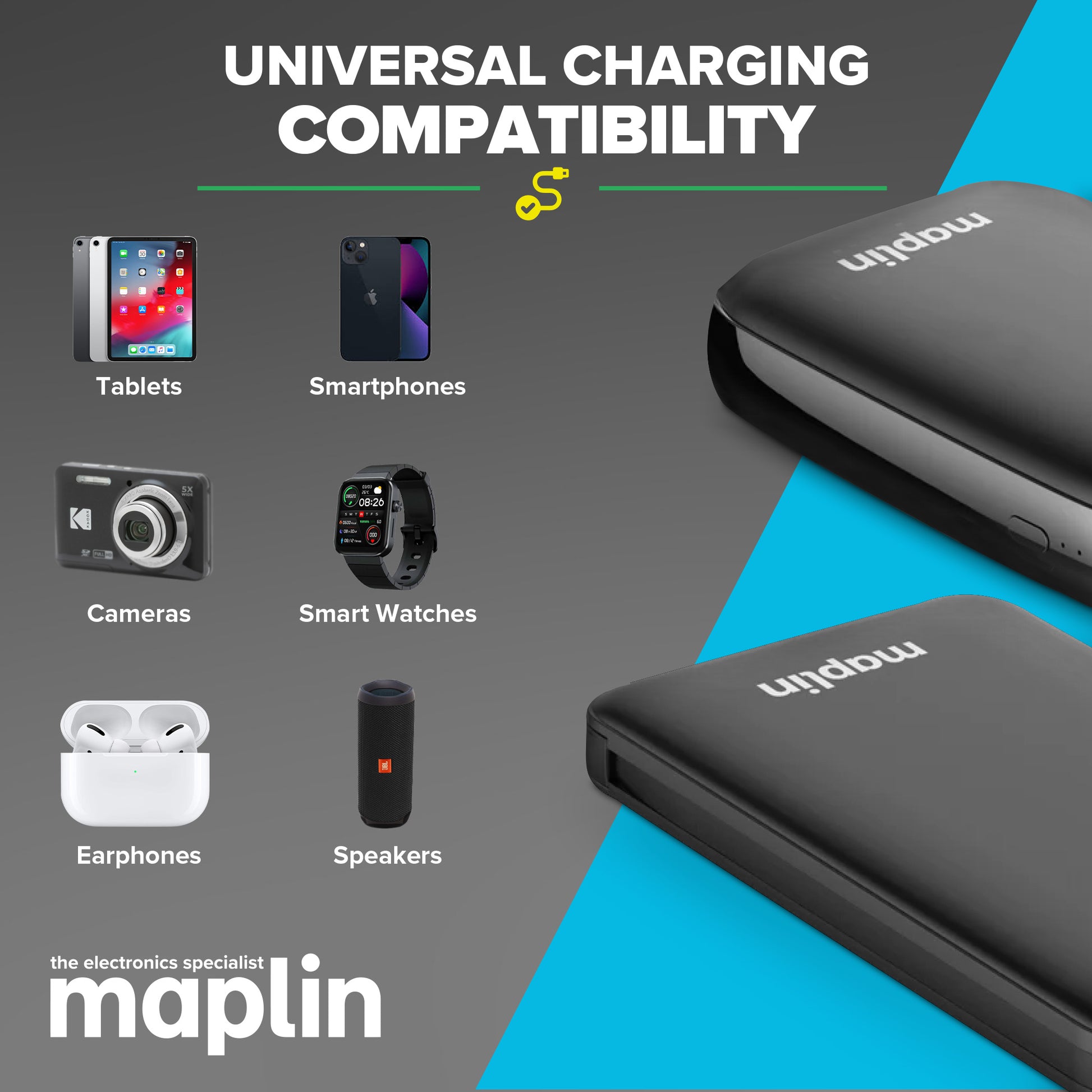 Maplin 10000mAh Slim Power Bank with Integrated Lightning, USB-C & Micro USB Cables