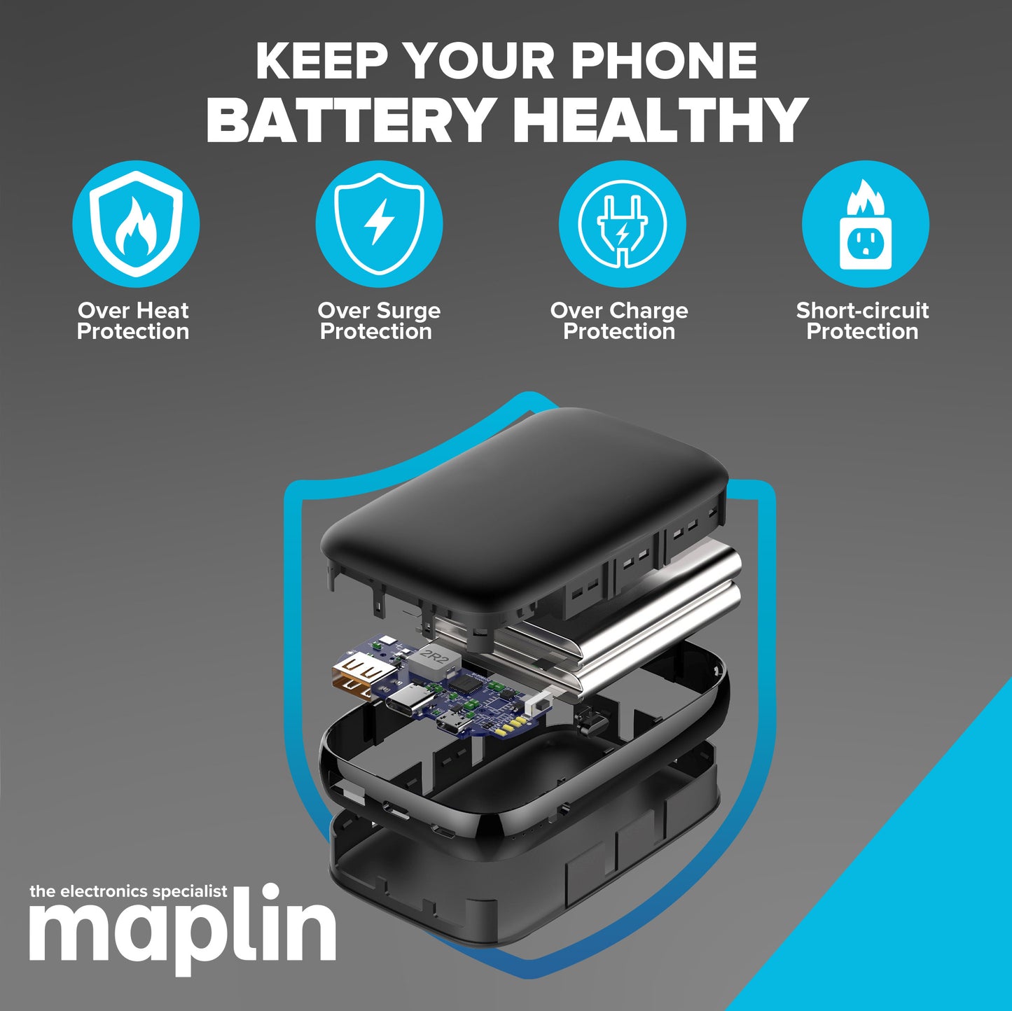 Maplin 10000mAh Slim Power Bank with Integrated Lightning, USB-C & Micro USB Cables