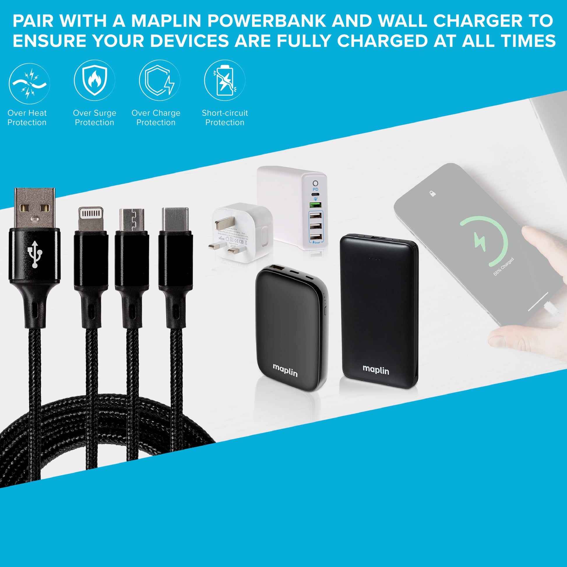 Maplin USB-A to 3-in-1 Multi-Charging USB-C / Lightning / Micro USB Braided Cable - 1.2m