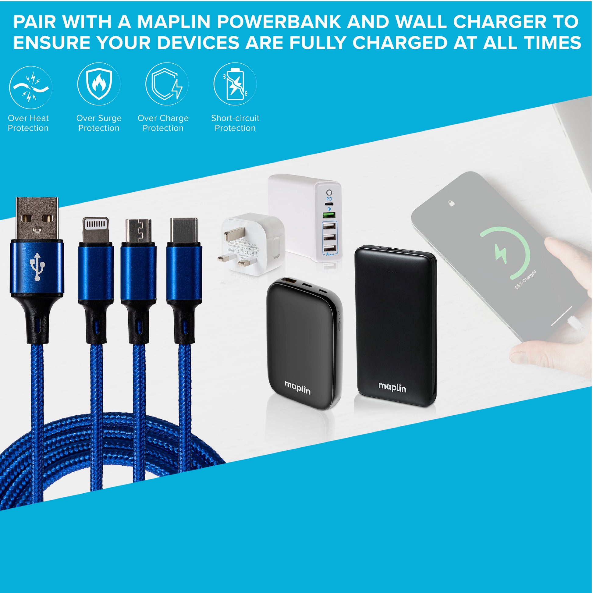 Maplin USB-A to 3-in-1 Multi-Charging USB-C / Lightning / Micro USB Braided Cable - 1.2m