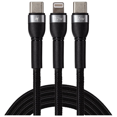 Maplin USB-C to 2-in-1 Multi-Charging USB-C 65W & Lightning Braided Cable - Black, 1.2m