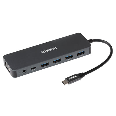 Nikkai USB-C Multiport Hub to 2x USB-C / 4x USB-A / 2x HDMI / Gigabit RJ45 / VGA / SD / Aux - Silver