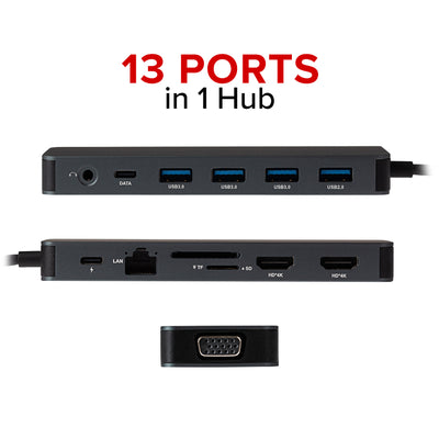 Nikkai USB-C Multiport Hub to 2x USB-C / 4x USB-A / 2x HDMI / Gigabit RJ45 / VGA / SD / Aux - Silver