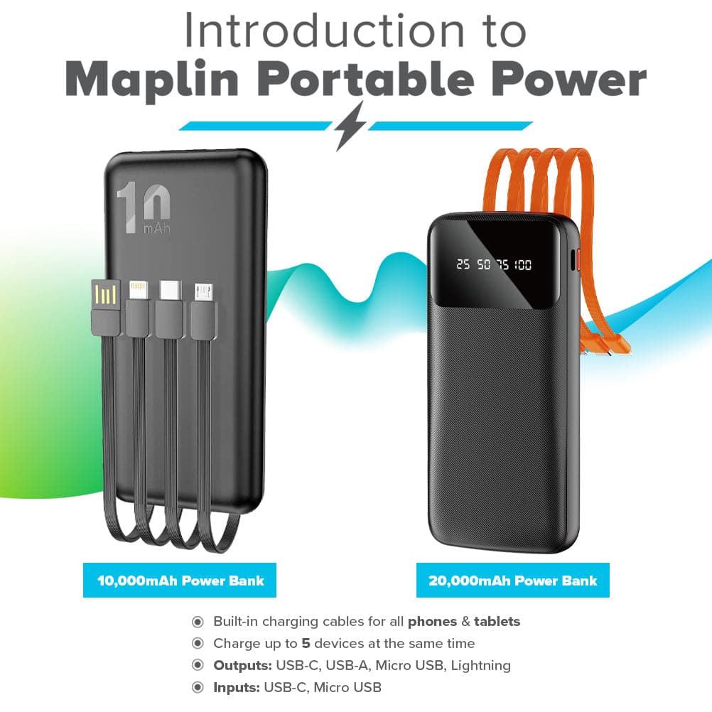 Maplin Dudao 20000mAh Portable Power Bank with Integrated USB-C, Micro USB & Lightning Cables - maplin.co.uk