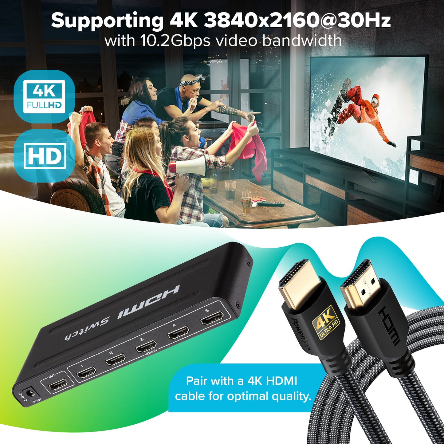 Maplin HDMI Switch 5 Ports In 1 Port Out 4K Ultra HD @30Hz with Remote Control